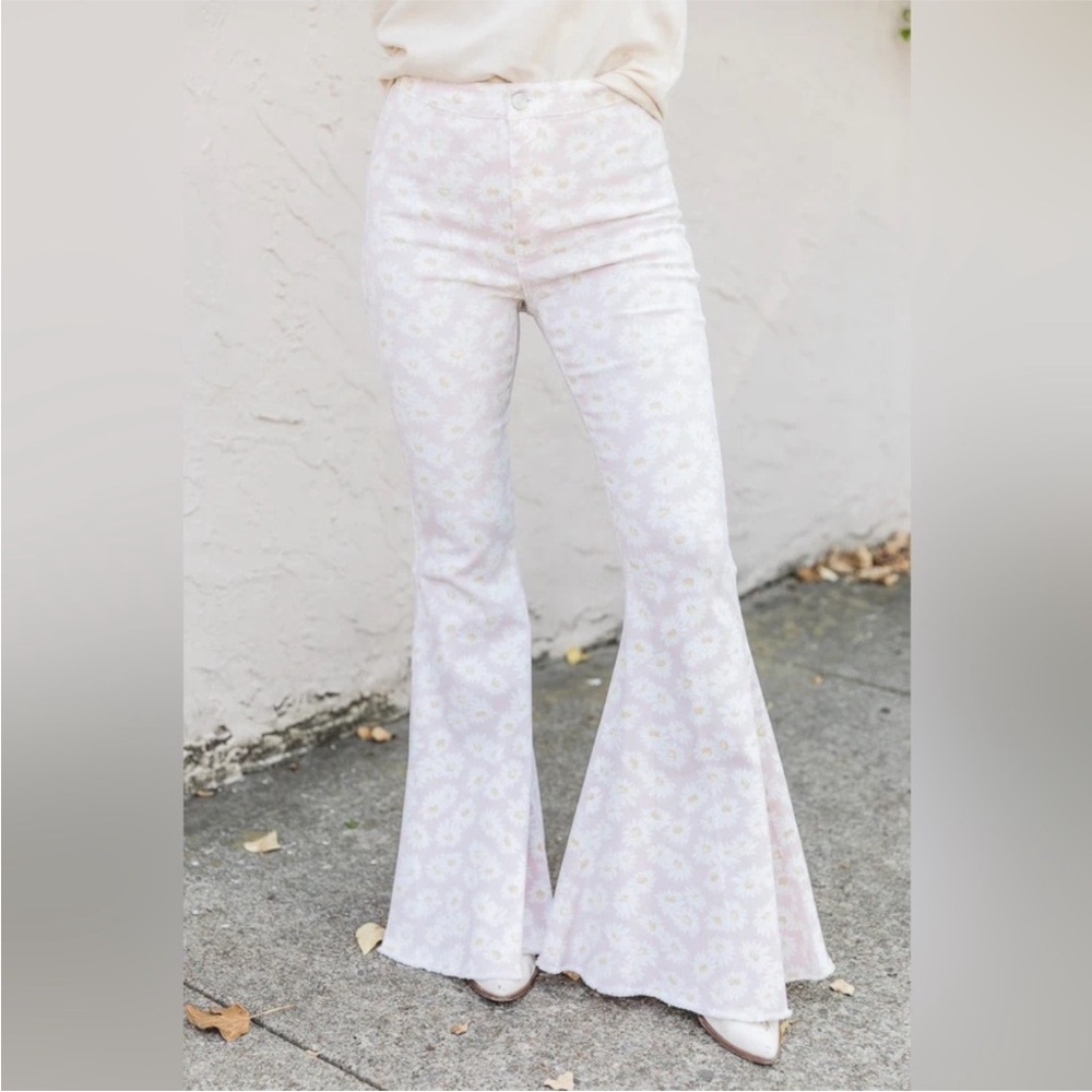 Pink Lily High Rise Floral Jeans - Pale Pink